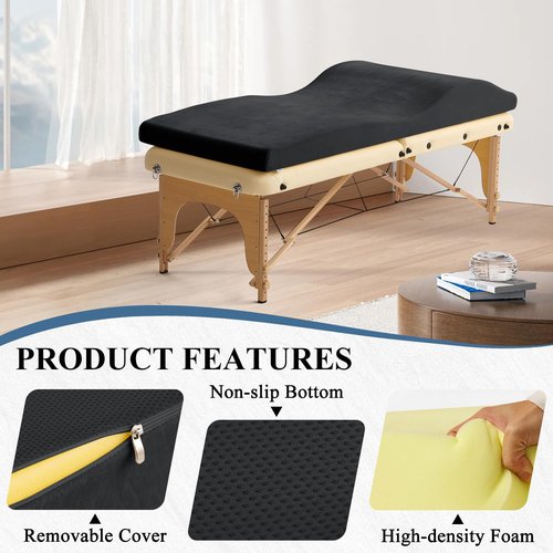 Curvy Massage Bed Topper - High Density Foam Lash Bed Topper with Soft Touch Short Plush and Ergonomic Design, Non-Slip Esthetician Massage Table Mattress Pad for Beauty Salon, 70x28 Inch, Black