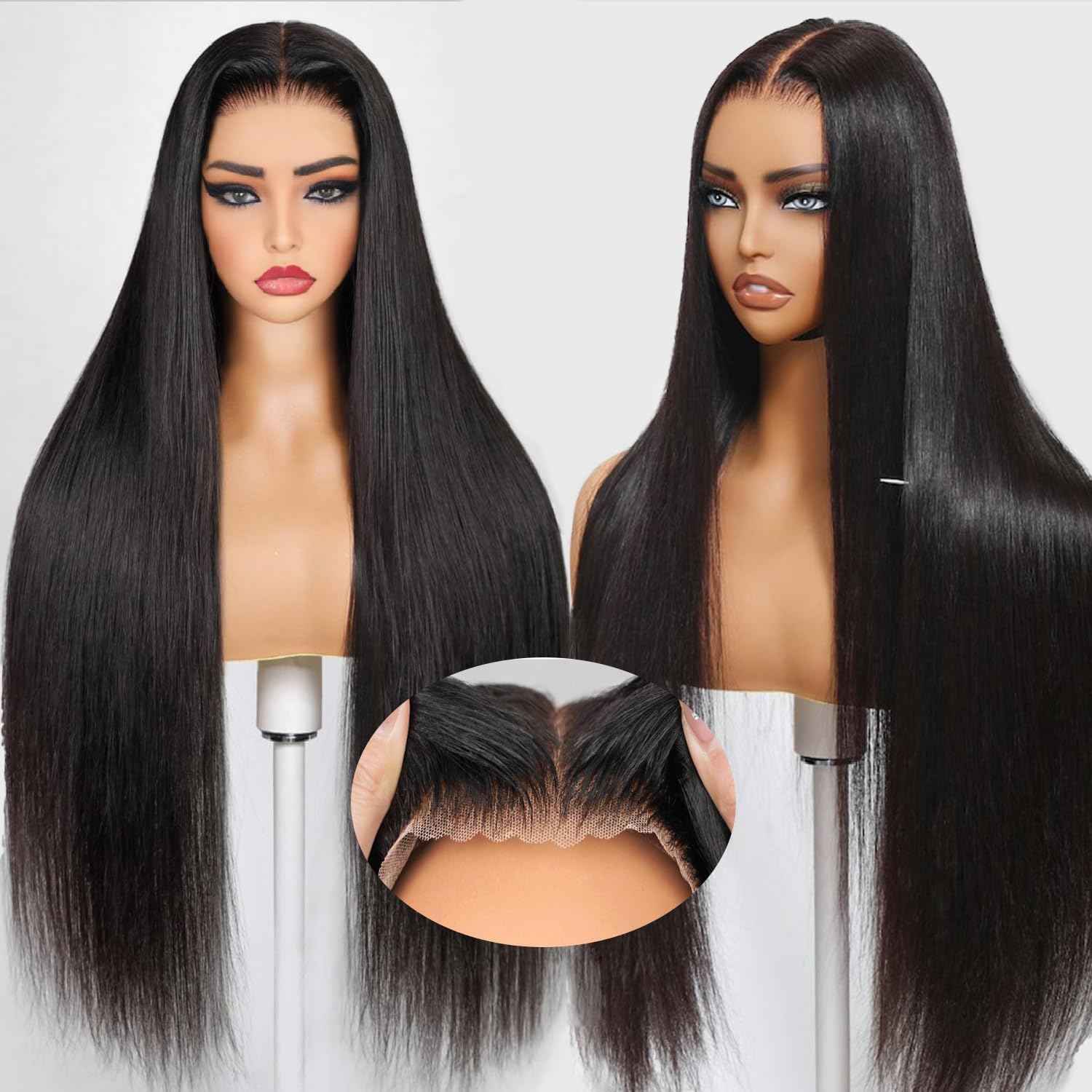 32 Inch Wear and Go Glueless Wigs Human Hair Pre Plucked Pre Cut 7x5 Hd Lace Front Wigs Human Hair for Women No Glue Closure Ready to Wear Straight Wigs 220% Density Natural Black for women