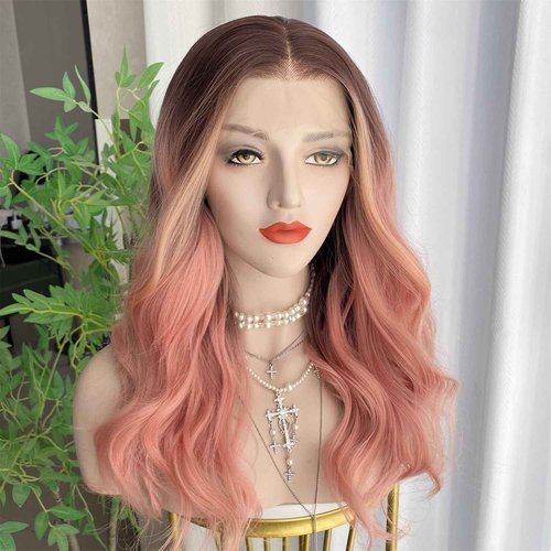 VASTCURY Rose Pink Wigs Highlight Orange Ombre Color 13x4 Synthetic Fiber Lace Front Wig Body Wave 18Inch Pre Plucked Hairline for Women