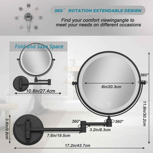 LEDOOLE Brass Wall Mounted Magnifying Mirror with Light 1X/10X, Rechargeable Arm Touch Dimmable 360 Rotation Foldable Bathroom Light up Wall Mirror Extendable, Matte Black