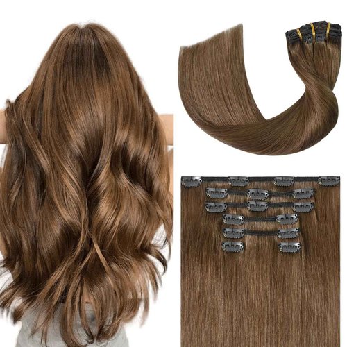 UGOTRAYS Light Brown Hair Extensions Clip in Human Hair 16 Inch 120g 7pcs Remy Hair Silky Straight 16clips One Pack for Women #6 Chestnut Brown Hair Extensions
