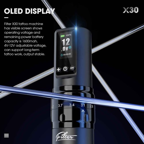 Filter Tattoo Gun - 7 Strokes 2.0-4.0mm Tattoo Machine Pen with Extra OLED Digital Display 1600mAh Battery Power Rotary Tattoo Gun for Beginners and Artists (X30 Black)