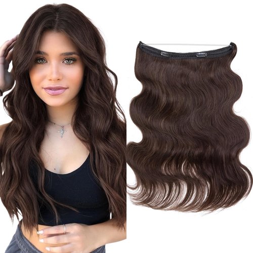 Elailite Halo Hair Extensions Real Human Hair for Women Dark Brown Wavy Hair Halo Clip in Remy Hairpiece with Adjustable Invisible Wire 18 Inch 65G