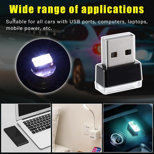 Augeny 4 PCS USB LED Car Interior Atmosphere Lamp, Plug-in USB Decor Night Light, Portable Auto Ambient Lighting Kit, Universal Vehicle Interior Accessories for Most Cars (White & Ice Blue)