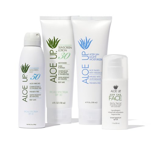 Aloe Up White Collection Sunscreen Spray SPF 50, White Collection Sunscreen Lotion SPF 30, After Sun Light Moisturizer, and SPF 25 For the Face Daily Moisturizer Sunscreen - Suncare Bundle - 4 Items