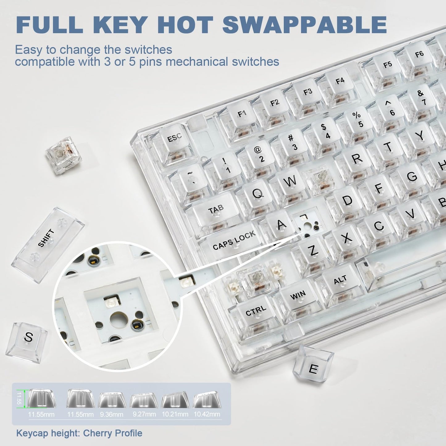 YUNZII X75 82 Key Hot Swappable Mechanical Keyboard with Transparent Keycaps, 75% Layout Gasket Mount RGB Backlit for Windows/Mac (Kailh Jellyfish Switch, Wired-White)
