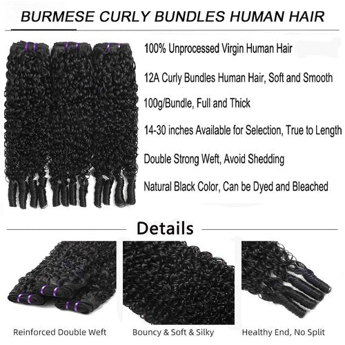 Vanlov 3C4A Burmese Curly Human Hair Bundles 18 20 22 Inch Curly Bundles Unprocessed Burmese Raw Hair Extension Real Human Hair Natural Color Human Hair Weft