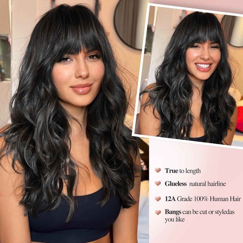Lady Hanne Human Hair Wigs Natural Wave Human Hair Wig with Bangs for Black Women 18 inches None Lace Front Wear and Go Glueless Human Hair Wig