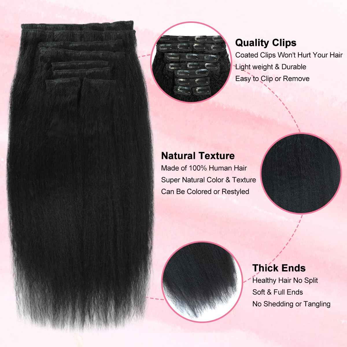 Kinky Straight Clip in Hair Extensions Human Hair for Black Women 8A Brazilian Yaki Real Hair Extensions Clip in Human Hair Full Head Natural Color 8pcs 20 Clips 110g/Set (16 inch)