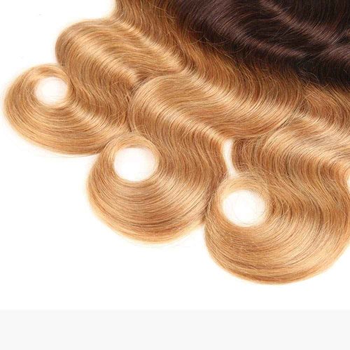 Ombre Blond Bundles with Closure Brazilian Virgin Human Hair #1B/4/27 Body Wave Blond Human Hair Bundles with 4x4 Lace Closure Hair Extension (12 14 16+10 Inch)