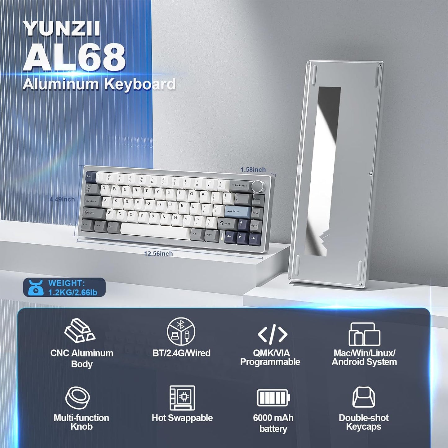 YUNZII AL68 Wireless Mechanical Keyboard,Full Aluminum CNC,60% Layout with Knob, QMK/VIA Software,Gasket Mounted,Hot Swappable,RGB Backlit,BT/2.4G/USB-C for Mac/Win (Silver, Milk V2)