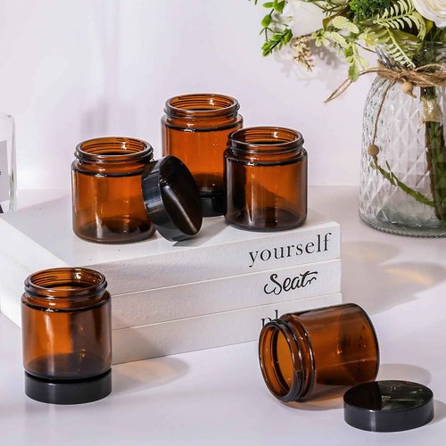 Norme 64 Pcs 4 oz Glass Jars with Lids Leakproof Round Airtight Empty Cosmetic Jars with Inner Liners Lid for Storing Lotions Powder Ointments Candle Making Tins (Black,Amber)