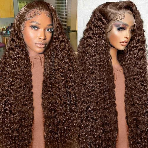 QWedafy Chocolate Brown Lace Front Wigs Human Hair 13x6 Deep Wave Lace Front Wigs Human Hair 200 Density HD Colored Deep Curly Lace Frontal Wigs for Women Pre Plucked with Natural Hairline (24inch)