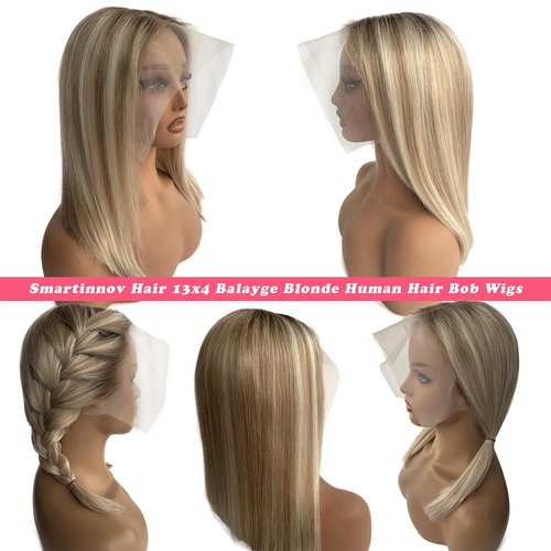 Smartinnov Blonde Balayage Human Hair Bob Wig 13x4 Lace Front HD Transparent Short Blunt Cut Bob Wigs 8 Inch Ash Brown to Bleached Blonde Highlight Pre Plucked with Baby Hair for Women