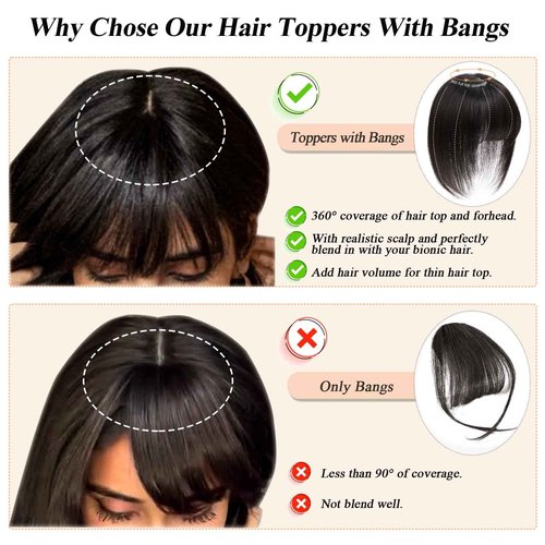JGS1996 Hair Toppers for Women Real Human Hair Topper with Bangs Hair Clip in Wiglets Hairpieces 3.9x4.7 Silk Base Wig Toppers for Thinning Hair 150% Density Remy Hair Pieces #6 Light Brown