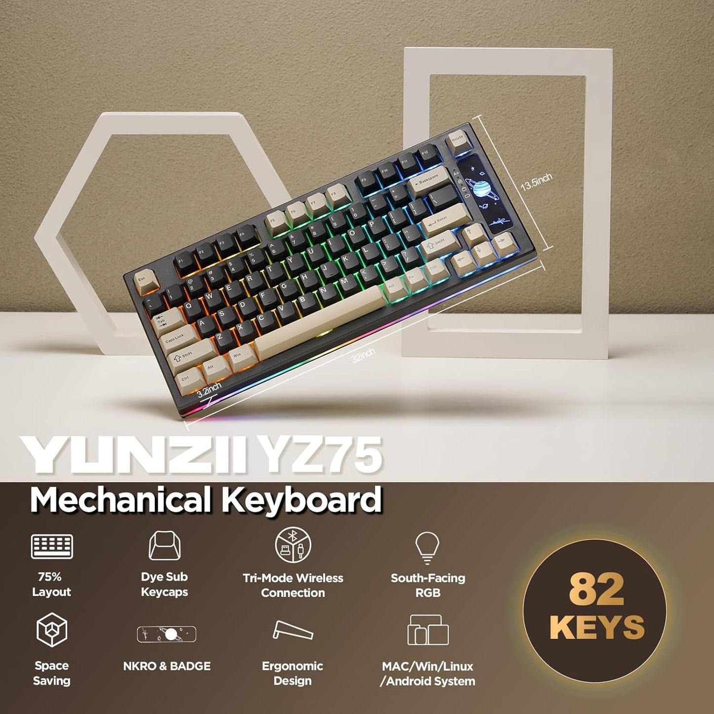 YUNZII YZ75 75% Hot Swappable Wireless Gaming Mechanical Keyboard, RGB Backlights, BT5.0/2.4G/USB-C, Dye Sub PBT Keycaps for Linux/Win/Mac(Gateron G Pro Red, Black)