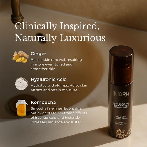 JUARA: Sweet Black Tea & Ginger Oil-Free Moisturizer | Matte Finish Lotion Reduces Shine | Deluxe Moisturizing Facial Treatment | Plumping Hyaluronic Acid | Paraben & Sulfate Free | Vegetarian | 1.7oz
