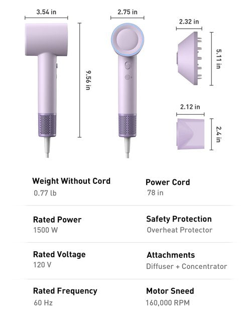 High-Speed Hair Dryer, 160,000 RPM Brushless Motor for Ultra-Fast Drying,500M Ionic Negative for Frizz Reduce, Low Noise Thermo-Control Blow Dryer with Diffuser for Curly Hair Women and Men,Purple