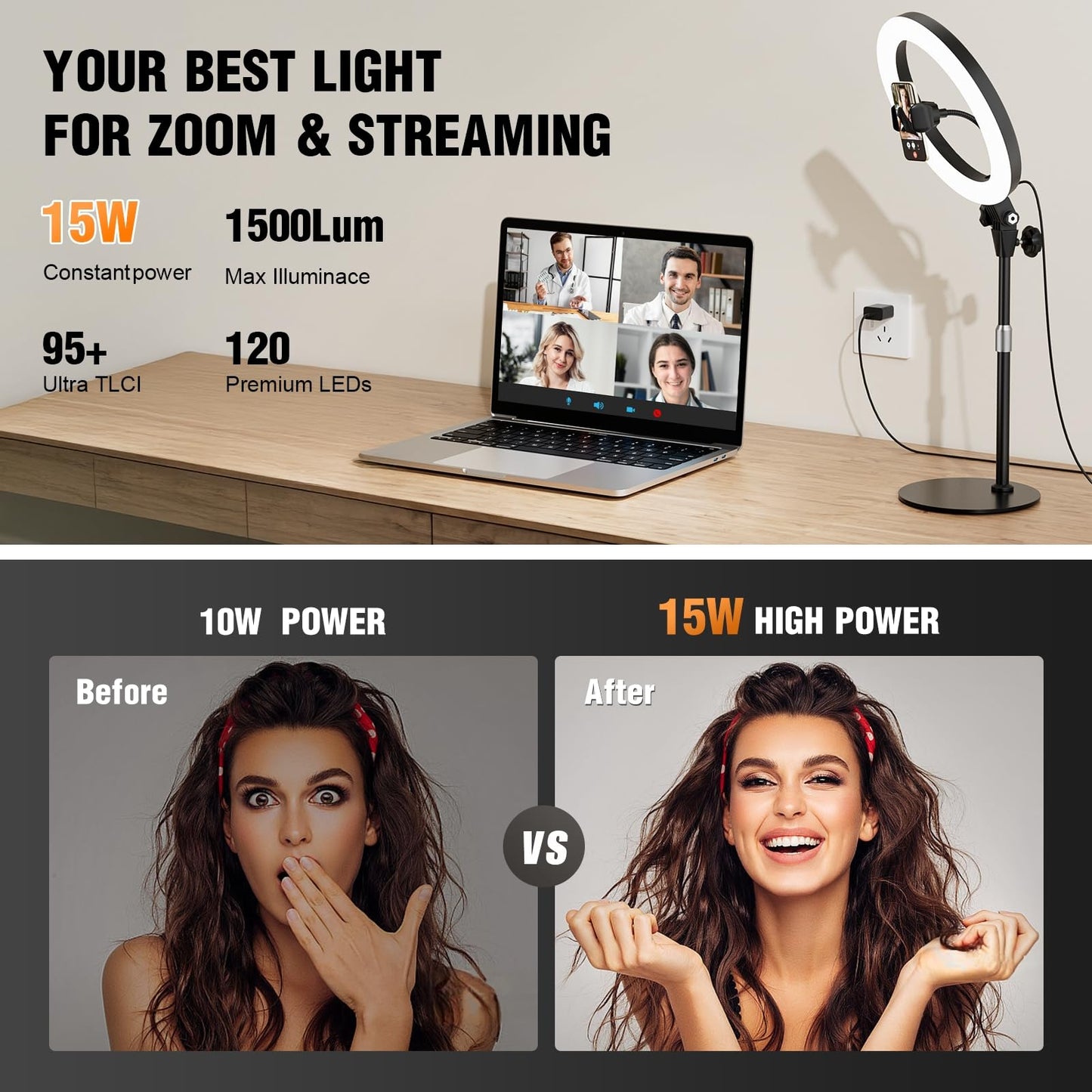 10'' Desk Ring Light with Stand – Zoom Lighting with Phone Holder for Computer・Video Calls・Conference – CRI95 LED Adjustable Circle Light, 10'' Large Lamp Head, Content Creator Friendly