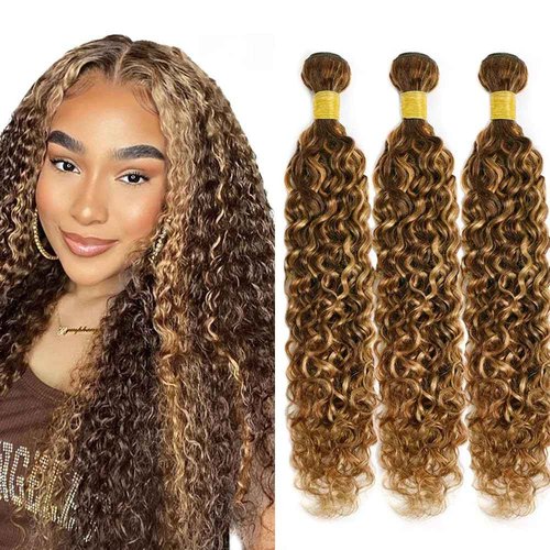Honey Brown Bundles Human Hair Highlight Curly Bundle P4/27 Human Hair Bundles 18 20 22 Inch Ombre Brown Bundle Brazilian Virgin Remy Hair Extensions 3Pcs/Set Deals
