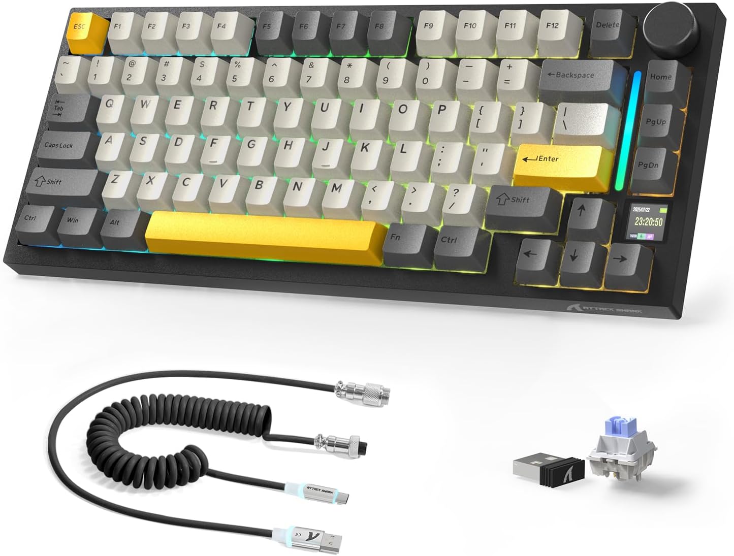 Attack Shark ajazz AK820 Wired Mechanical Gaming Keyboard with Volume Knob Hot Swappable 75% Gasket Keyboard 5-Layer Noise Absorbing Foam PBT Keycap Ice Blue Backlit Blue Switch for PC/Win/Mac-White