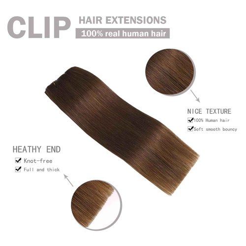 Ailiceehr Human Hair Clip in Hair Extensions #4 Chocolate Brown 80g 16inch Real Human Hair Extension Striaght 8Pcs Double Weft Thick and Soft.