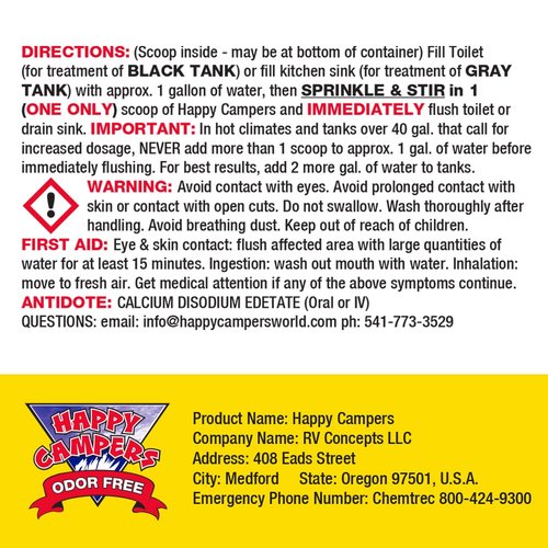 Happy Campers RV Toilet Treatment - Powerful Odor Control, Long-Lasting RV Tank Treatment - Prevents Clogs, Buildup, Sensor Failure - Keeps Holding Tank Clean & Healthy, Odor Free