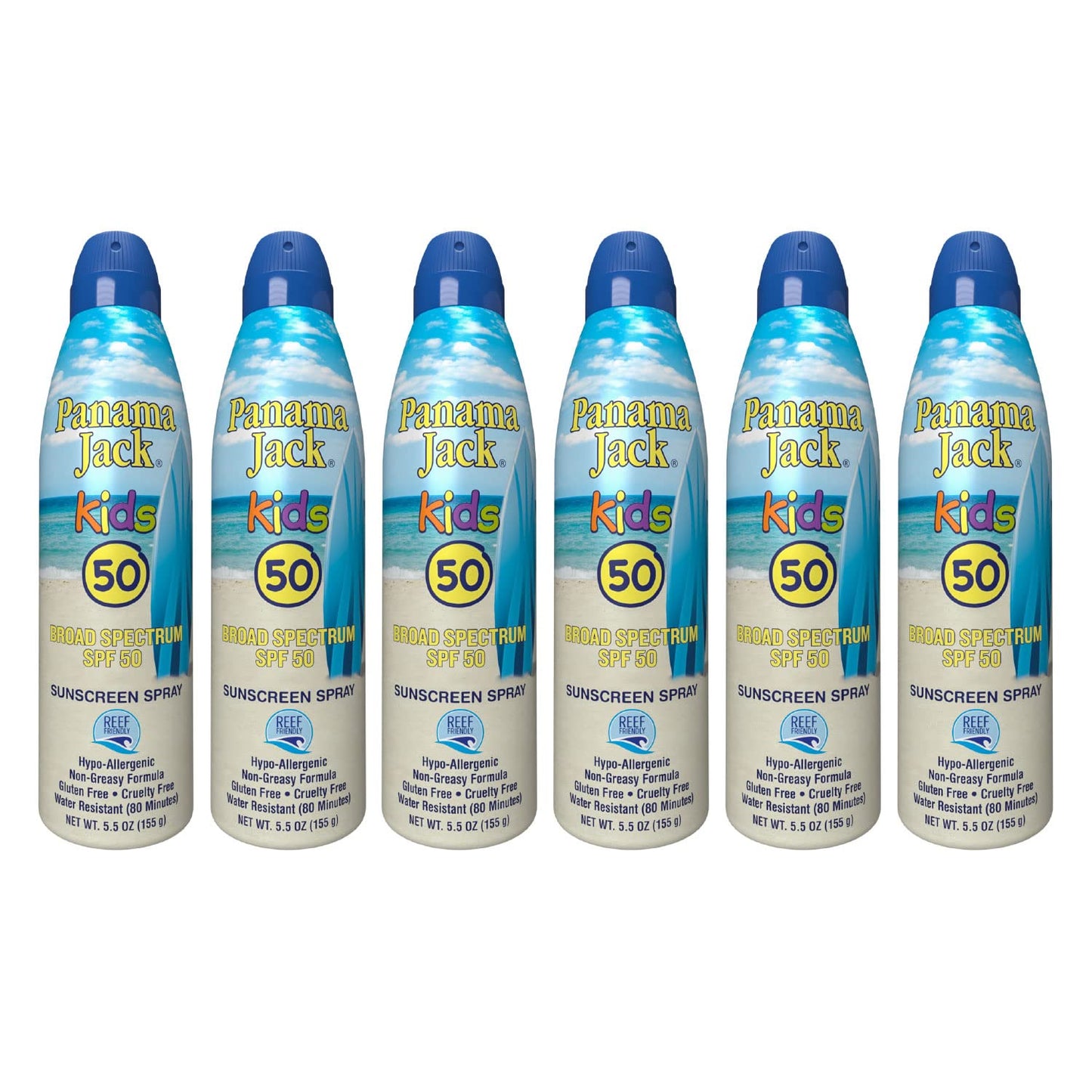 Panama Jack Kids Sunscreen Spray - SPF 50, Broad Spectrum UVA/UVB Protection, Hypo-Allergenic, PABA, Paraben, Gluten & Cruelty Free, Water Resistant (80 Minutes), 5.5 OZ (Pack of 6)