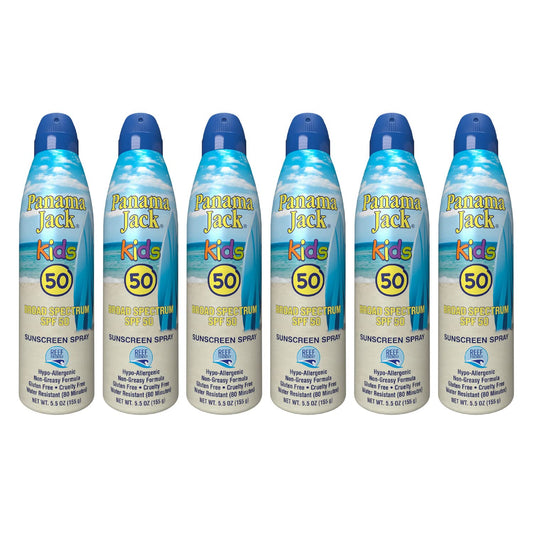 Panama Jack Kids Sunscreen Spray - SPF 50, Broad Spectrum UVA/UVB Protection, Hypo-Allergenic, PABA, Paraben, Gluten & Cruelty Free, Water Resistant (80 Minutes), 5.5 OZ (Pack of 6)