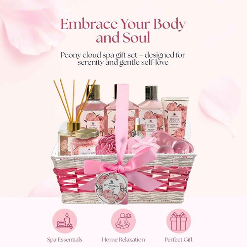 Spa Gift Basket for Women – Peony Cloud | 13-Piece Self Care Gift Set with Bubble Bath, Bath Bombs, Peony Diffuser, Lotion, Shower Gel, Bath Salt & More | Spa Gifts for Her, Birthday, Mother’s Day