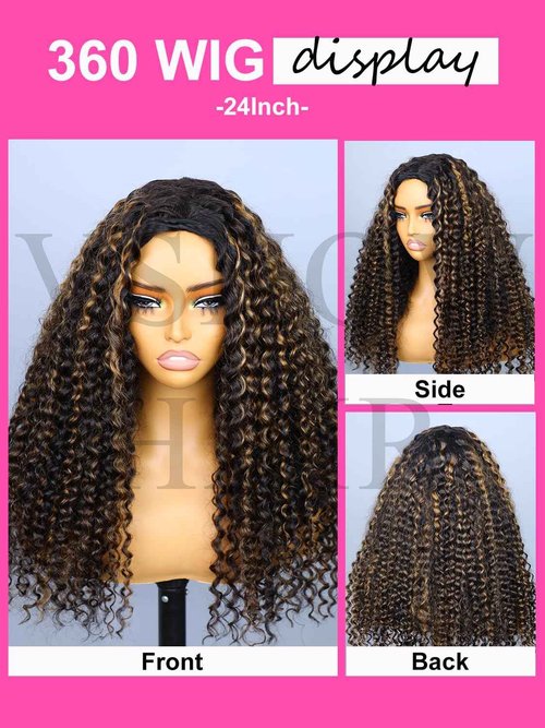 V SHOW Wear Go Glueless Half Wig Human Hair 1B/30 Highlight Water Wave Bod Wigs 3 In 1 Curly Half Wigs 180% Density Drawstring Seamless Fit Strap Flip Over Headband Wig 12 Inch Beginner Friendly
