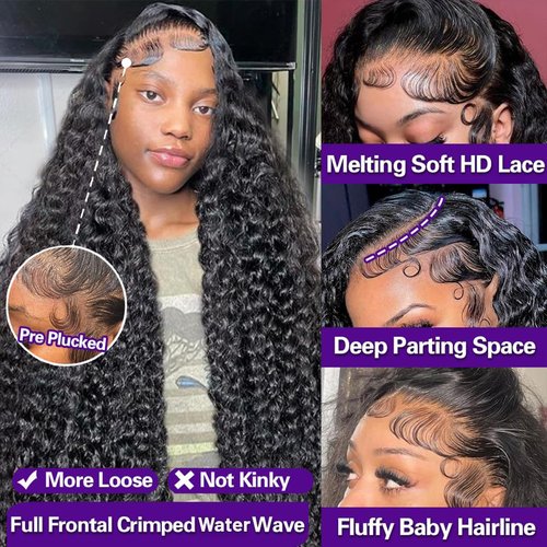 Water Wave Lace Front Wigs Human Hair 13x6 Full Frontal HD Transparent Human Hair Lace Front Wigs for Women 180% Density Deep Curly Human Hair Wigs Wet And Wavy Pre Plucked with Baby Hair 18Inch