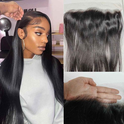 QTIKER HD Skinlike 13x4 Human Hair Lace Frontal Only Pre-plucked Straight Invisible Swiss Lace Front Skin Melt Frontals with Baby Hair Thin Natural Black Hair(13 * 4 NC Straight)