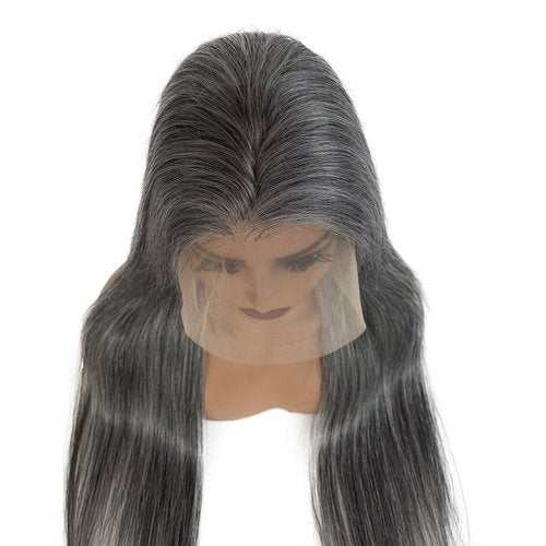Salt and Pepper Gray Wigs Human Hair for Black Women Soft Straight 13x4 HD Lace Frontal Wig Dark Hair with White Highlighted Wigs Salt & Pepper Wig Human Hair 180% Density Pre Plucked 26 Inch