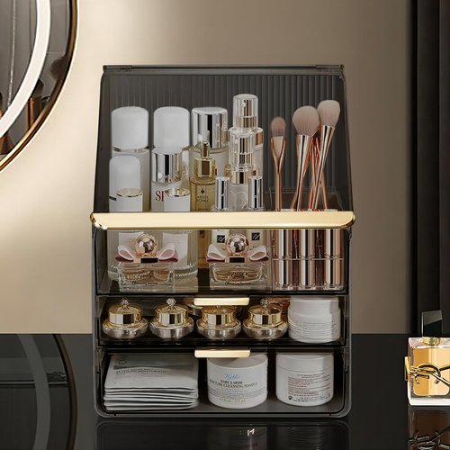 DASITON Dustproof MultiLayer Makeup Brush holder Organizer,Makeup Brush Holder,Makeup Organizers,Large Capacity Desktop Storage Box with Drawer,for Beauty Products...（Grey)