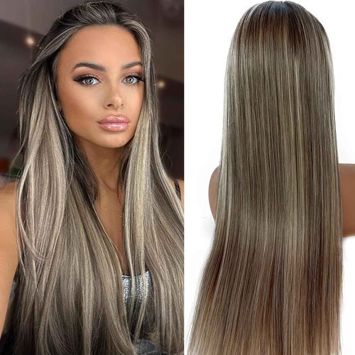 Valiilo 13x6 HD Lace Front Wig Human Hair Balayage Highlight 180% Density 22 Inch Free Part Ombre Brown to Ash Brown Human Hair with 613 Blonde Highlights Wig Pre Plucked