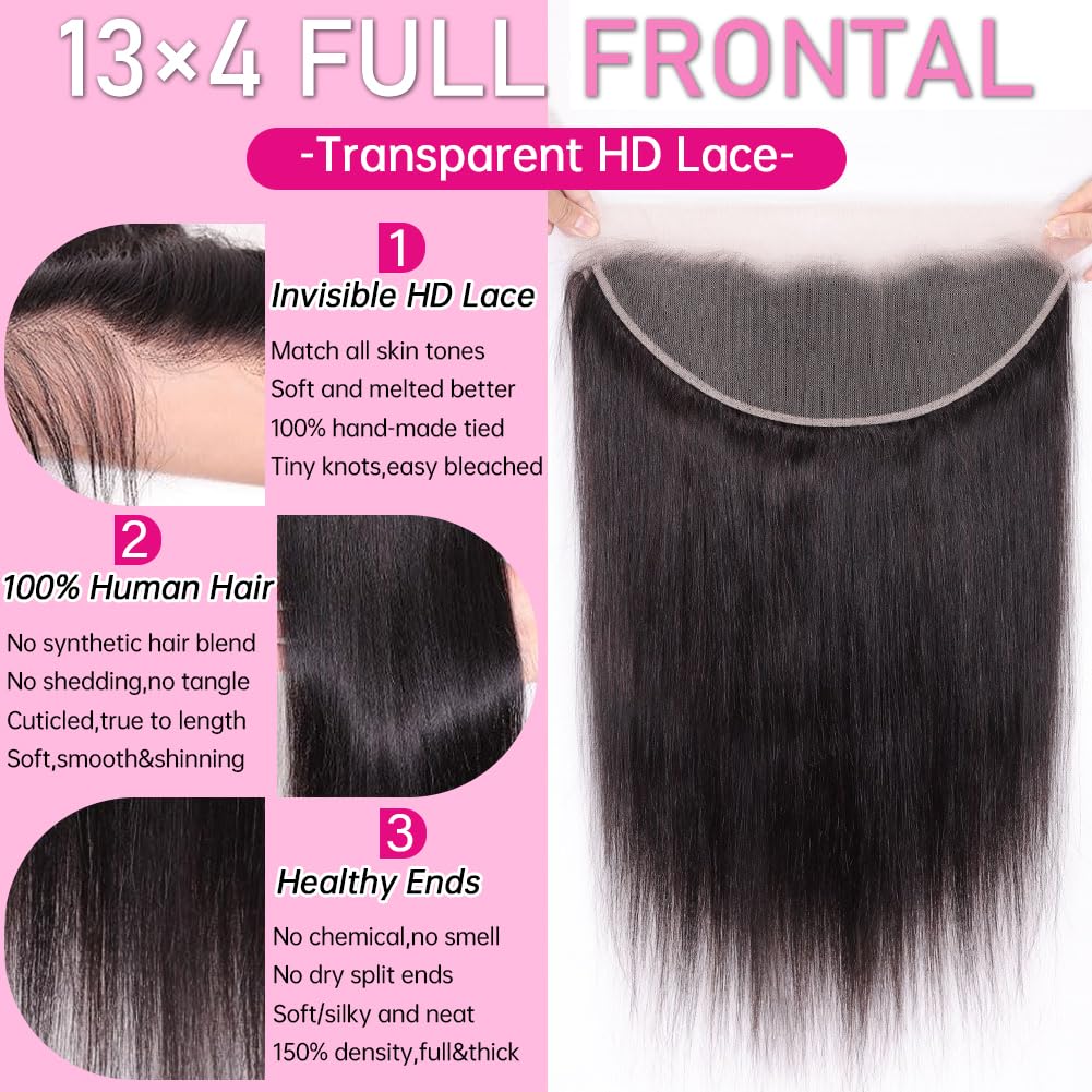 13x4 Lace Frontal Closure Straight Human Hair Ear to Ear HD Lace Free Part Brazilian Hair Extensions 0.095 mm Ultra Thin Invisible Lace Closure Pre Plucked Natural Hairline with Baby Hair 14Inch