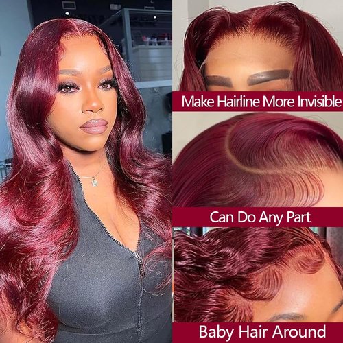 Midulla 99J Burgundy 13x4 HD Body Wave Lace Front Wigs Human Hair 28 Inch Transparent Lace Front Wig 200% Density Glueless Wine Red Colored Body Wave Frontal Wigs Pre Plucked with Baby Hair