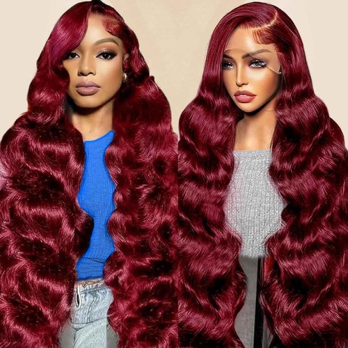 ediere 99j Burgundy Lace Front Wigs Human Hair 13x6 HD Transparent Burgundy Wig Human Hair 200 Density Body Wave Lace Front Wigs Human Hair32inch