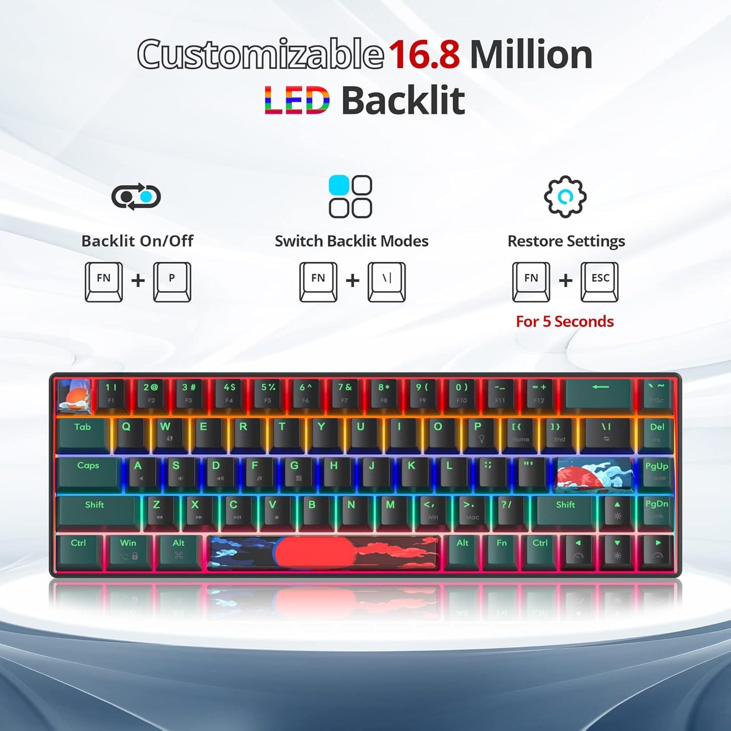 60 Percent Gaming Keyboard Mechanical with Linear Red Switch, 65% Wired Ultra-Compact Mini Keyboard Rainbow with PBT Keycaps for Ps4/Ps5/Xbox(68 Green)