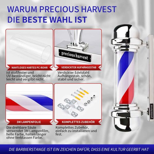precious harvest Barber Pole,LED Light Source,Wall Mount,Red,Blue and White Barbershop Rotating Light Fixture,Classic Signs for Hair Salon,22.8 Inch