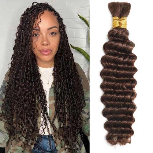 Chocolate Brown Human Braiding Hair For Boho Braids 4# 100g Deep Wave Bulk Human Hair for Braiding 12A No Weft Curly Human Hair Extensions Wet and Wavy Boho Hair for Braiding (4#-Deep Wave, 20 Inch)