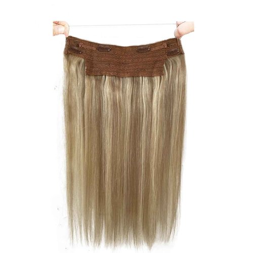 Wire Hair Extensions Real Human Hair, 22 inch 100g Ash Brown Highlighted Golden Blonde Fish Line Hair Extensions Real Human Hair Straight Balayage Invisible Wire Hair