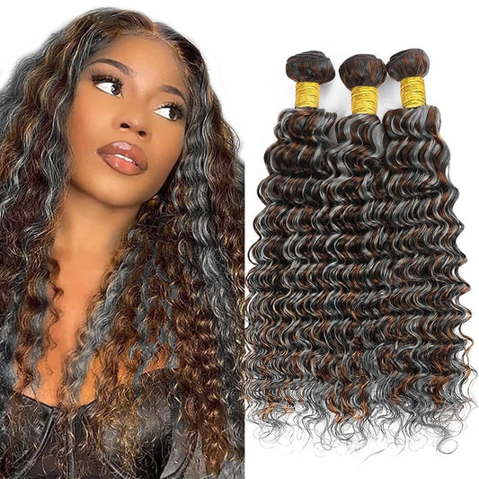 Giginger Bundles Human Hair P4/GREY 16 18 20 inch Deep Wave Human Hair Bundles Highlight Chocolate Grey Unprocessed Quick Weave Soft Sewn In Hair Extensions for Black Women