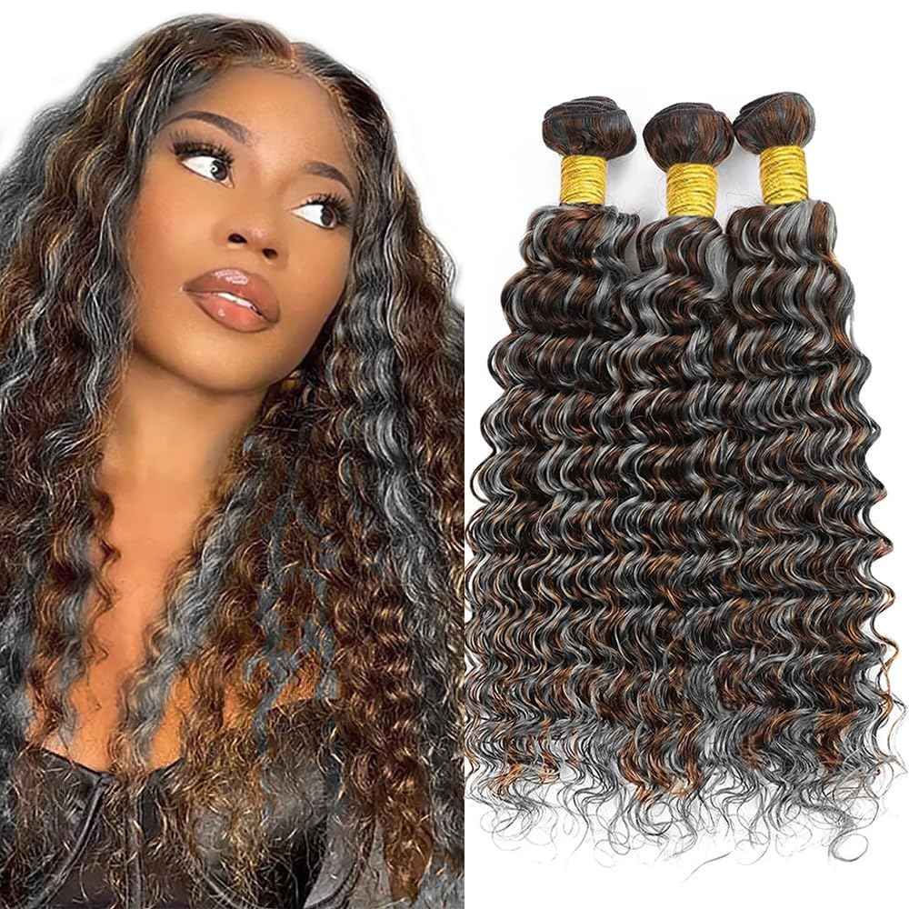 Giginger Bundles Human Hair P4/GREY 22 24 26 inch Deep Wave Human Hair Bundles Highlight Chocolate Grey Unprocessed Quick Weave Soft Sewn In Hair Extensions for Black Women