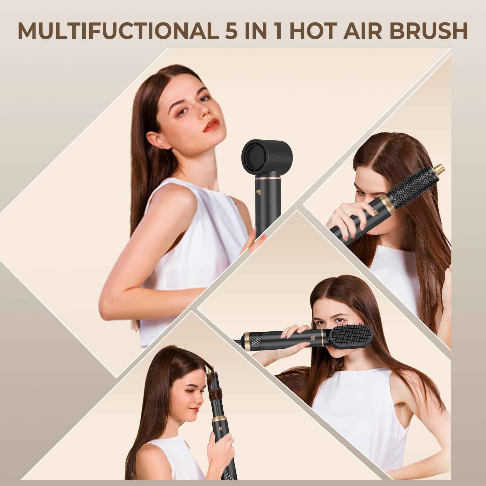 5 in 1 Hot Air Brush Blow Dryer Brush, Air Curling Wrap Styler Hair Dryer Brush Air Curler, Negative Ion Curling Iron, Hair Styling Tools for Drying Curl Straightening