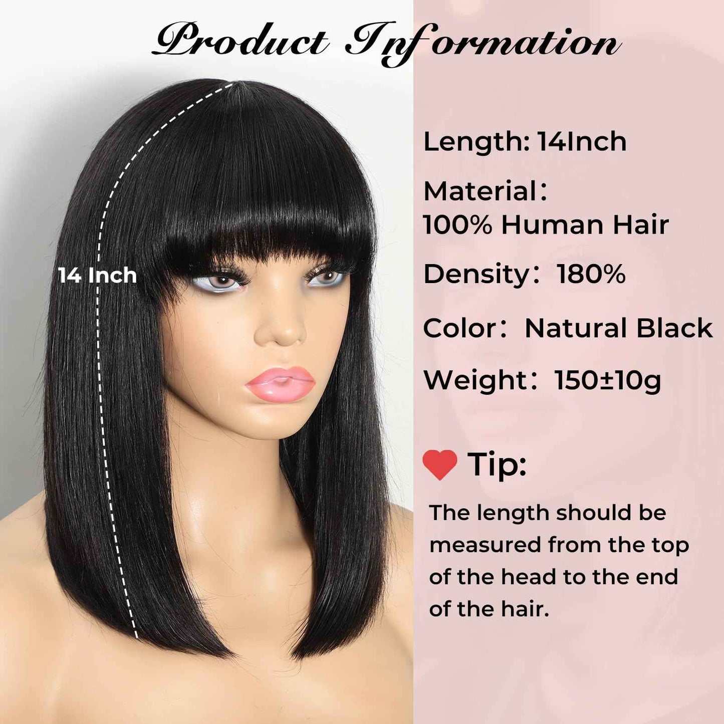 KEPWIN Bob Wig with Bangs Human Hair Wig 2x1 Closure Transparent Lace Bob Glueless Wigs Human Hair Short Wigs Straight Wigs for Black Women Wear and Go Natural Black 180% Density 14Inch