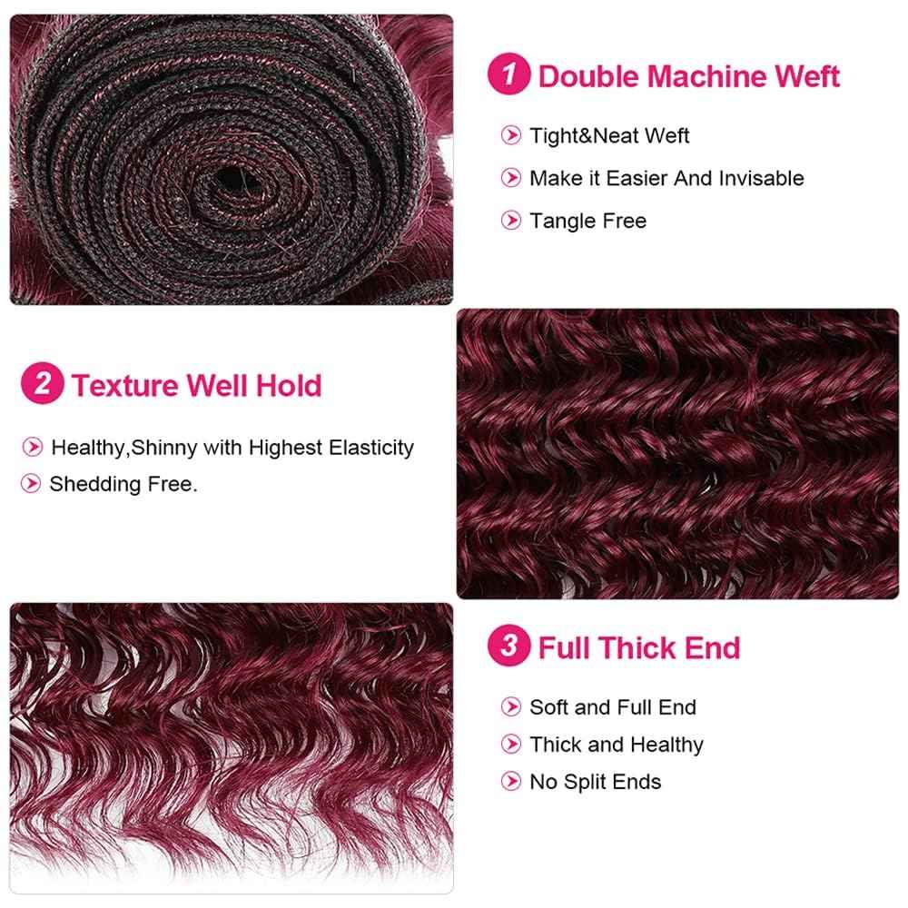 1B99J Burgundy Bundle Ombre Red Loose Deep Wave Human Hair Bundles Two Tone Black and Wine Red Bundles Human Hair 12 14 16 Inch