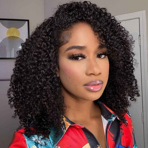 Fuduete 16 Inch Kinky Curly Half Wig Human Hair 200% Density Wear Go Glueless Wigs Human Hair Curly 3 In 1 Half Wigs for Women Drawstring Seamless Flip Headband Wig Beginner Friendly