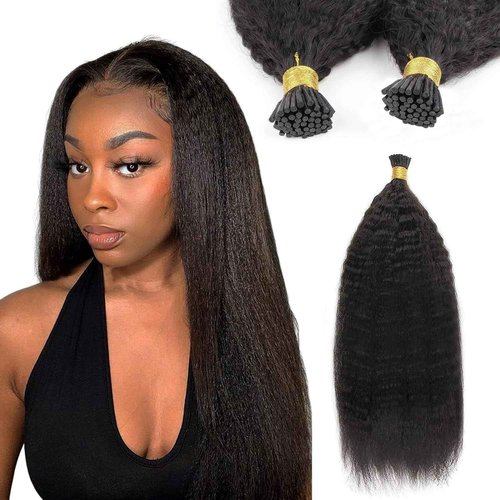 ABH AMAZINGBEAUTY HAIR Best I Tip Human Hair Extensions 24 Inch Kinky Straight Human Hair I Tips Invisible Glue Natural Black Keratin I Tips Brazilian Hair Real Human Hair for Women 50 Strands 50G